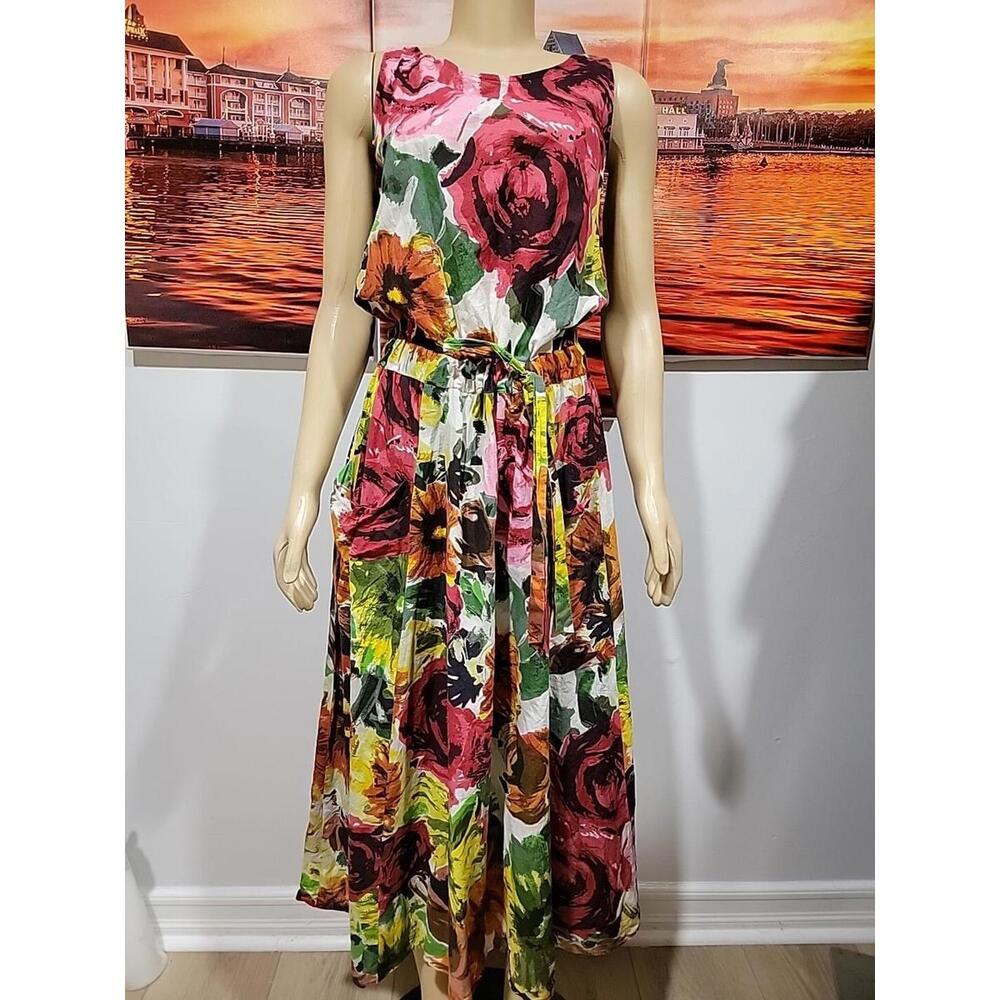 New Ports News Boho Bright Colors Flower Midi Size 6 Dress Drawstrings Waist #C